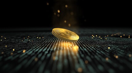 Poster - A glowing golden coin emerging from digital binary code