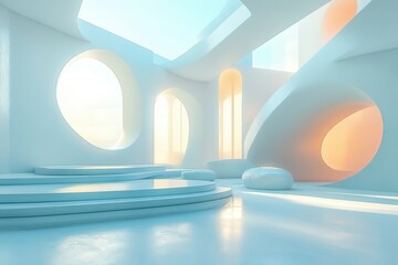 Aufkleber - Contemporary interior design showcasing organic shapes and vibrant colors in a minimalist space illuminated by natural light