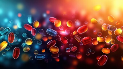 Poster - Vitamin Capsules Burst With Vibrant Colors and a Glowing Aura Showcasing Modern Healthcare and Wellness