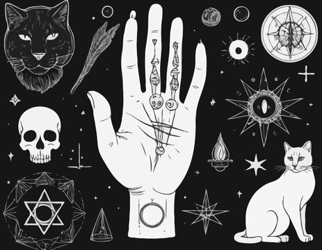 Mystical magic boho elements. Witchcraft astrological set. Esoteric alchemy sketch for tattoo. Palmistry and skull, the hand of a dead man. Drawn Engraved Game Cards and Black Cat.