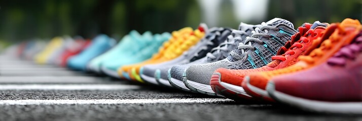 Aufkleber - Shoes Lined up in Anticipation at the Starting Line of a Race Event on a Sunny Day in a Vibrant Outdoor Location
