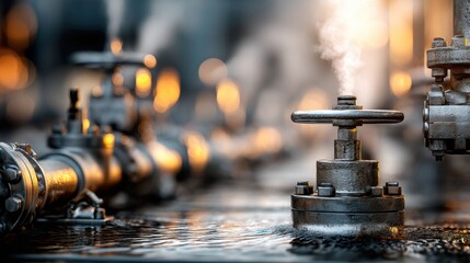 Leinwandbilder - Close-up View of Refinery Valves and Pipes With Steam and Warm Light in Industrial Setting