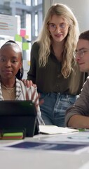 Leinwandbilder - People, team and video call with tablet at startup, happy and wave for networking with virtual meeting. Women, man and digital touchscreen with app, negotiation or deal for funding at tech company