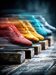 Aufkleber - Vibrant Sports Shoes Positioned on Starting Blocks With Motion Blur Effect Showcasing Athletic Potential and Excitement