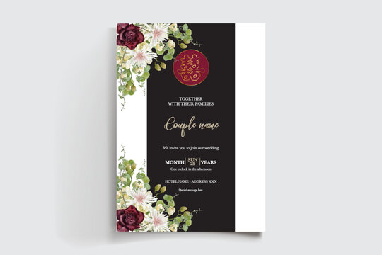 WEDDING INVITATION FRAME WITH FLOWER DECORATIONS AND FRESH LEAVES