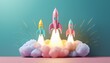 © Beste stock - three pastel colored rockets launching from a fluffy cloud symbolizing a collaborative takeoff towards a shared goal