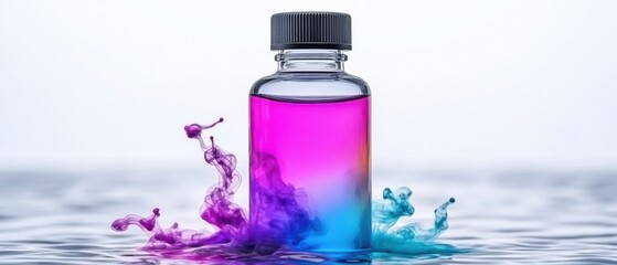 Poster - Colorful liquid in glass bottle with vibrant ink swirling in water, creating abstract patterns and mesmerizing motion for science and art concept