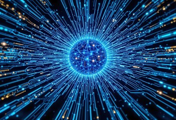 Poster - Digital network visualization radiating from a central point at night