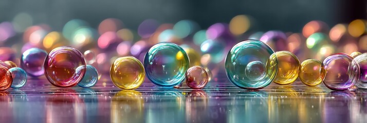 Leinwandbilder - Colorful Close-Up of Soap Bubbles With Reflections and Rainbow Highlights on a Smooth Surface in a Bright, Playful Environment