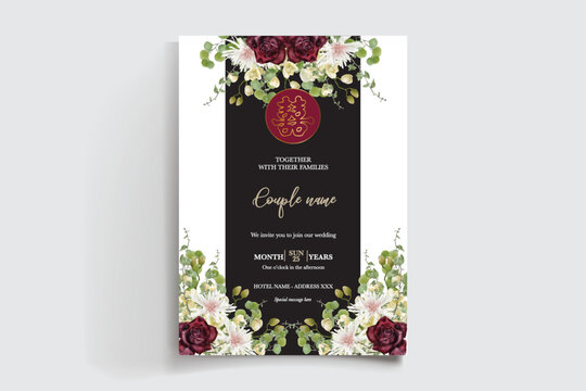 WEDDING INVITATION FRAME WITH FLOWER DECORATIONS AND FRESH LEAVES