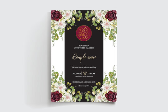 WEDDING INVITATION FRAME WITH FLOWER DECORATIONS AND FRESH LEAVES