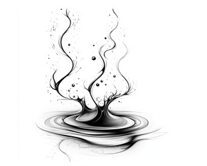 Poster - Abstract liquid splash with rising trails, black and white, suggesting motion on a white backdrop.