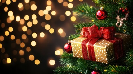Poster - festive christmas tree adorned with shimmering lights presents a scene of holiday magic and joyful anticipation creating a heartwarming and enchanting atmosphere