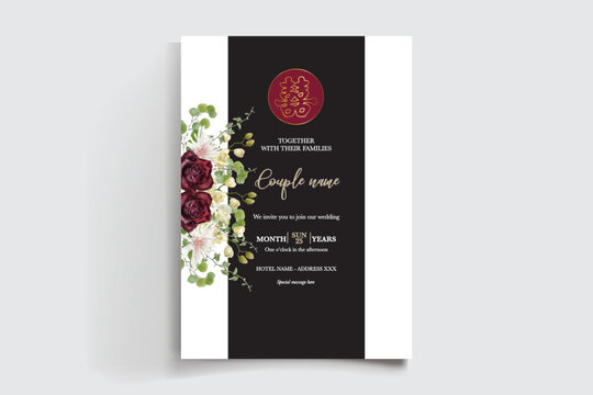 WEDDING INVITATION FRAME WITH FLOWER DECORATIONS AND FRESH LEAVES