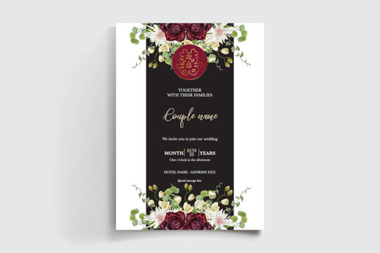 WEDDING INVITATION FRAME WITH FLOWER DECORATIONS AND FRESH LEAVES