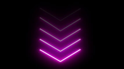 Poster - Neon down arrow icon animation. Retro signboard with download arrow. Glowing purple single-line downloading arrow icon on black background