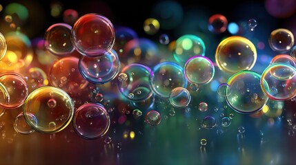 Fototapete - Close-up View of Vibrant Soap Bubbles With Intricate Reflections and Captivating Rainbow Highlights in a Playful Atmosphere