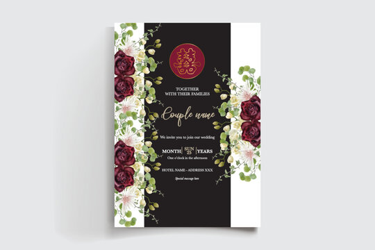 WEDDING INVITATION FRAME WITH FLOWER DECORATIONS AND FRESH LEAVES