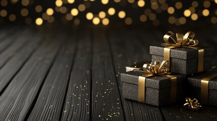 Poster - elegant black gift boxes adorned with golden ribbons on a dark wooden surface under soft bokeh lights creating a festive and luxurious atmosphere perfect for celebrations