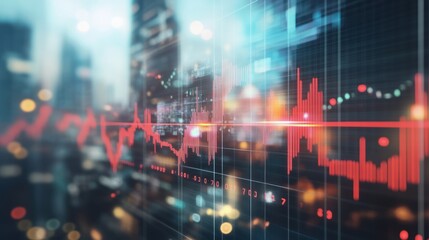 Poster - a blurred cityscape behind a translucent financial graph showcasing a volatile market trend with sharp red lines depicting significant economic fluctuations and trading indicators