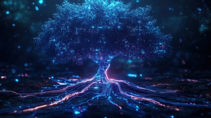 Glowing digital tree, roots, dark background, network concept