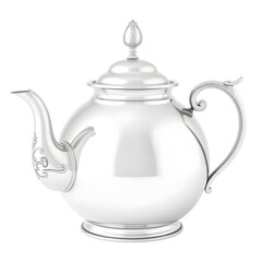 Leinwandbilder - Silver Teapot, Intricate Design, 3d Rendering. Plain White Background Allows Focus. Elegant Beverage Vessel Ideal For Design Projects. Minimalist Image Promotes Calm.