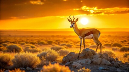  A graceful antelope silhouetted against a vibrant sunset, perched atop a rocky outcrop in the heart of a vast, sun-drenched savanna.