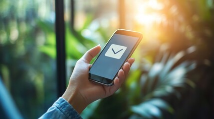  - a modern smartphone displays a confirmation checkmark on its screen held by a person's hand illuminated by soft sunlight shining through a window adding a touch of tranquility