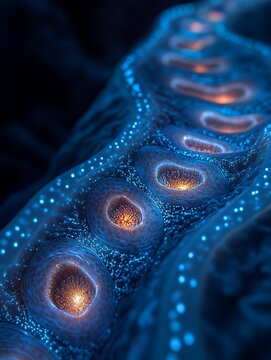 A close up view of a blue and orange abstract organic structure with glowing spots and circular holes