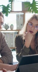 Aufkleber - Business, conversation and woman in workplace, tablet and internet with digital app for email. Cooperation, research and employees with tech, online report and feedback for user experience and ideas