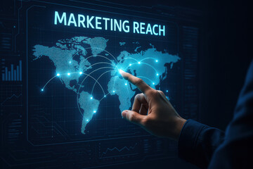 Aufkleber - A business strategy interface illustrates global marketing reach and decision-making processes that drive innovation and growth in competitive markets