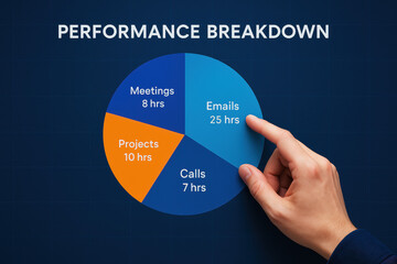 Poster - A clear performance breakdown chart illustrates the strategic allocation work hours across meetings emails projects and calls emphasizing decision-making efficiency and business growth