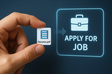 Poster - a hand digitally uploads a resume file to a virtual job application portal illustrating strategic de