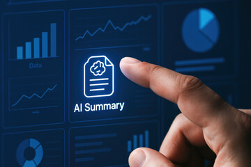 Poster - A closeup a finger selecting an AI summary icon on a touchscreen analytics dashboard symbolizing business strategy data-driven decision making and innovative work efficiency