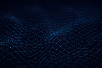 Poster - This abstract wave grid formed by delicate curved lines on a deep blue background symbolizes strategic decision making and business growth through innovation and dynamic efficiency