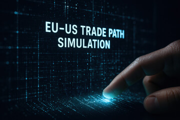 Poster - A strategic business decision is illustrated by a hand activating a digital interface for an EU-US trade path simulation emphasizing innovation and efficient workflow