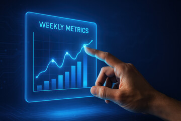 Poster - A human interacts with a translucent digital chart displaying weekly metrics illustrating strategy and business growth through dynamic decision-making and data-driven innovation