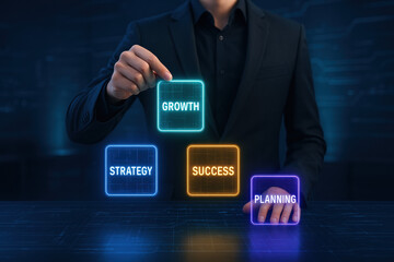 Poster - A professional in a sleek suit makes critical business decisions by placing glowing digital tiles symbolizing strategy growth success and planning to drive innovation and efficiency