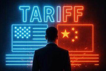 Poster - A businessman faces a glowing neon wall symbolizing tariff tensions between two nations highlighting strategy and decision-making in global business growth