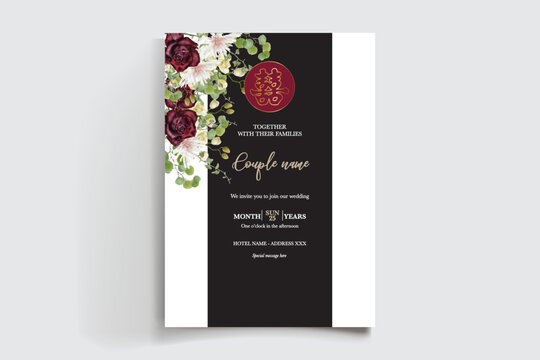 WEDDING INVITATION FRAME WITH FLOWER DECORATIONS AND FRESH LEAVES