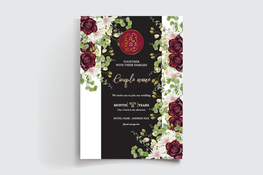 WEDDING INVITATION FRAME WITH FLOWER DECORATIONS AND FRESH LEAVES