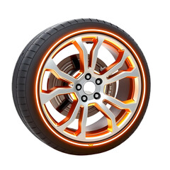 Poster - Futuristic Car Wheel Design With Glowing Accents, Isolated On White. A Modern Automotive Component With Light Details. Innovative Transportation Solution, A Cutting Edge Circular Element.