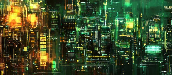 Poster - futuristic city infrastructure with neon lights reflecting intricate circuitry patterns creating a vibrant interconnected network representing technological advancement
