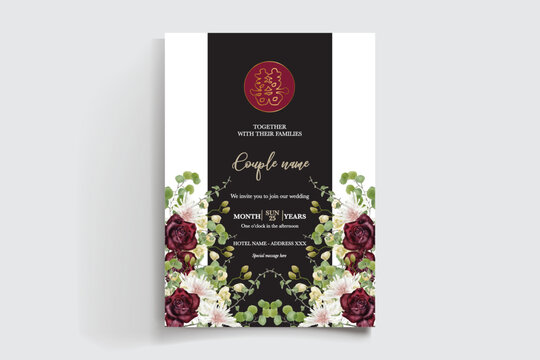WEDDING INVITATION FRAME WITH FLOWER DECORATIONS AND FRESH LEAVES