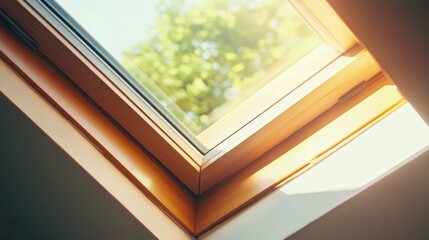 Aufkleber - Illuminated skylight window framed in natural wood, allowing soft daylight to enter a modern, minimalist interior space. Concept of architecture design, light, clarity, contemporary home aesthetics