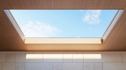 Aufkleber - Illuminated skylight window framed in natural wood, allowing soft daylight to enter a modern, minimalist interior space. Concept of architecture design, light, clarity, contemporary home aesthetics