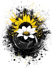 Poster - Abstract image featuring a white daisy and a yellow sunflower, set against a dramatic backdrop of black and gray ink splatters. The flowers are positioned centrally, with the daisy nestled within the