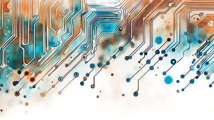 Poster - Abstract watercolor painting of circuit board design in teal, orange and brown hues on white background. Digital lines and nodes are depicted with paint strokes, creating a blend of technology and
