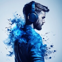 Poster - A bearded man wearing blue headphones, rendered with a blue paint splatter effect against a light blue background. The image conveys a mood of contemplation and immersion in music