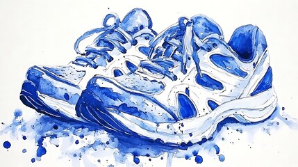 Poster - Watercolor painting of a pair of blue and white athletic shoes, resting on a white background. The shoes are detailed, showing laces and textures. Blue watercolor splatters surround the shoes, adding